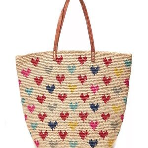 Woven Heart Pattern Tote Bag with Brown Handles